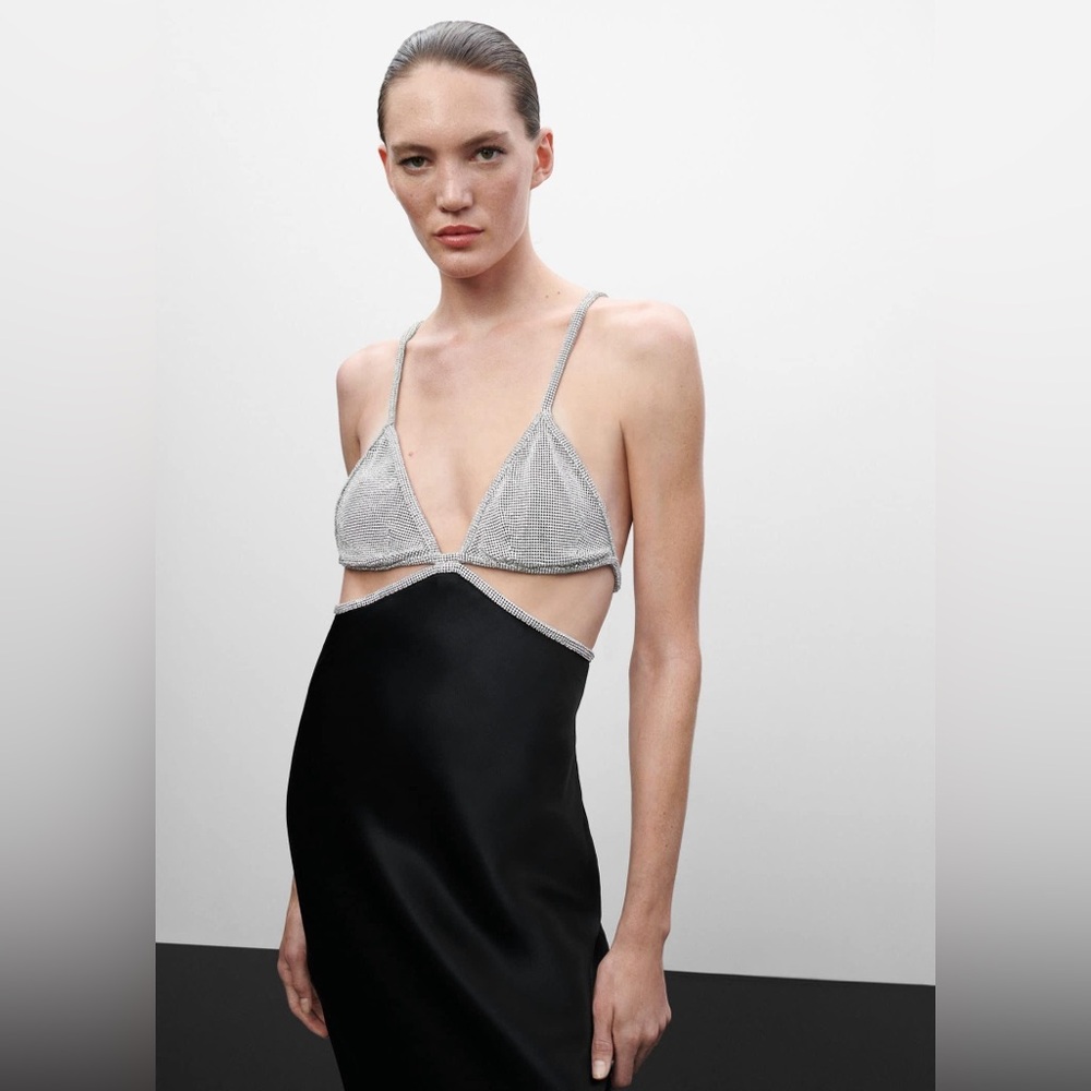 Mango x Jen Ceballos Black Satin Dress With Rhinestone Bralet Bodice size XS / 2 - Picture 10 of 16